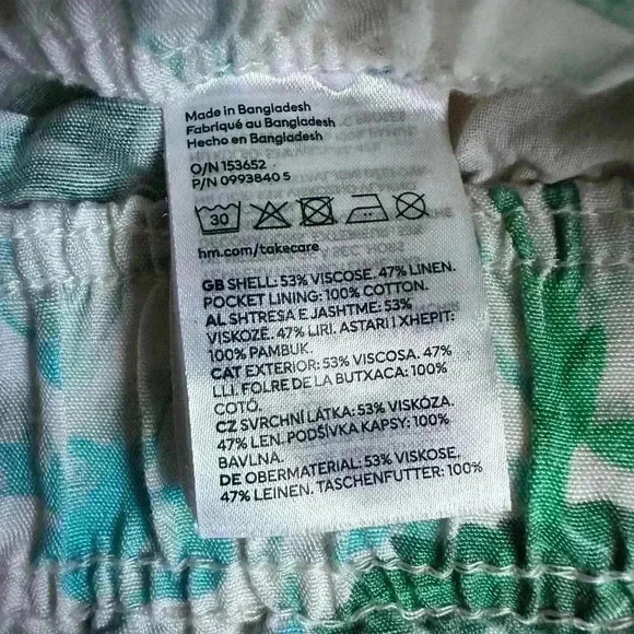 H&M High Waist Shorts S Womens Tropical Print Linen Blend Green Cream Pockets - Picture 6 of 6